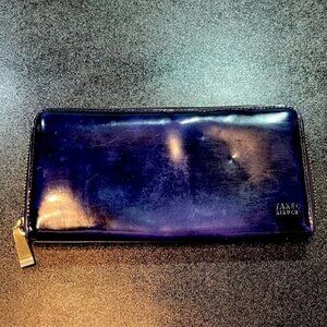 Takeo Kikuchi Black w. Cream Long Patent Cowhyde Leather Zip Around Wallet 20x10